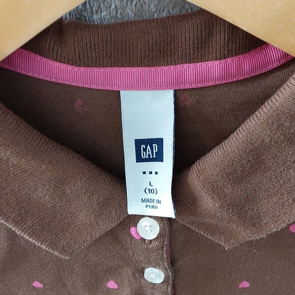 Vintage GAP Brown Polo Top Pink Heart Print Girls Size Large - Picture 2 of 8